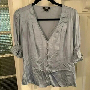 Paige women’s silk blouse blue, short puff sleeve button up sz XS